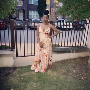 Backless Pink Floral Maxi Dress with Slit and Waist Ribbon (not attached)